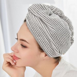 Striped Grey Microfiber Hair Towel