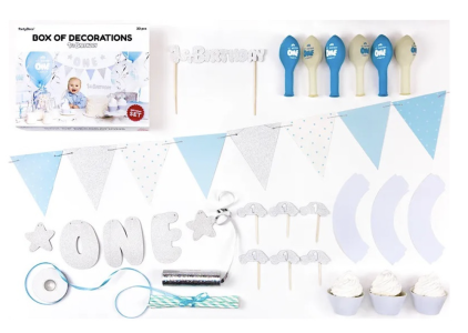 BOX Of Decorations  1ST Birthday Silver 33 Pieces