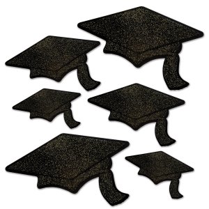 Graduation Party Collection Grad Cap Glittered Foil Cutouts Black 6pc