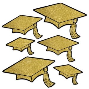 Graduation Party Collection Grad Cap Glittered Foil Cutouts Gold 6pc