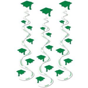 Graduation Party Collection Printed Grad Cap Whirls Green 3 Hanging Decorations