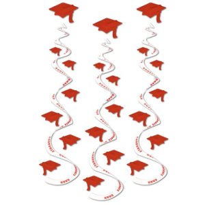 Graduation Party Collection Printed Grad Cap Whirls Red 3 Hanging Decorations