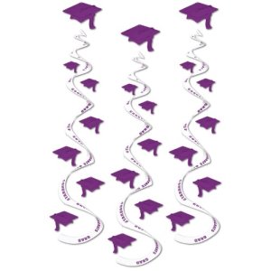 Graduation Party Collection Printed Grad Cap Whirls purple 3 Hanging Decorations