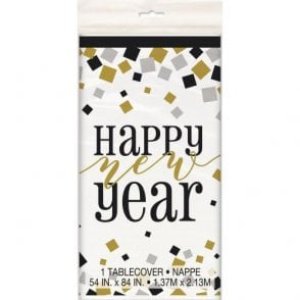 Happy New Year Party Collection Black Gold Silver Plastic Tablecover 1pc